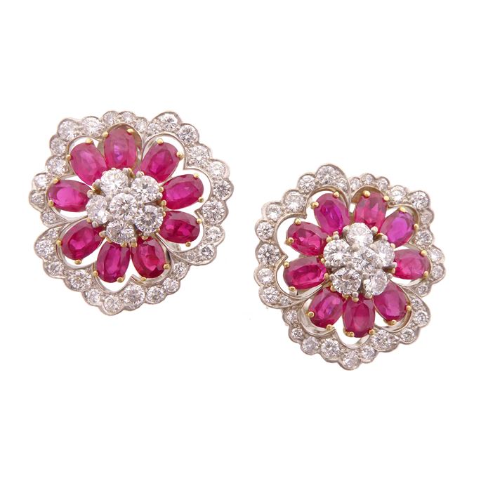   Van Cleef &amp; Arpels - Pair of ruby and diamond flower earrings | MasterArt